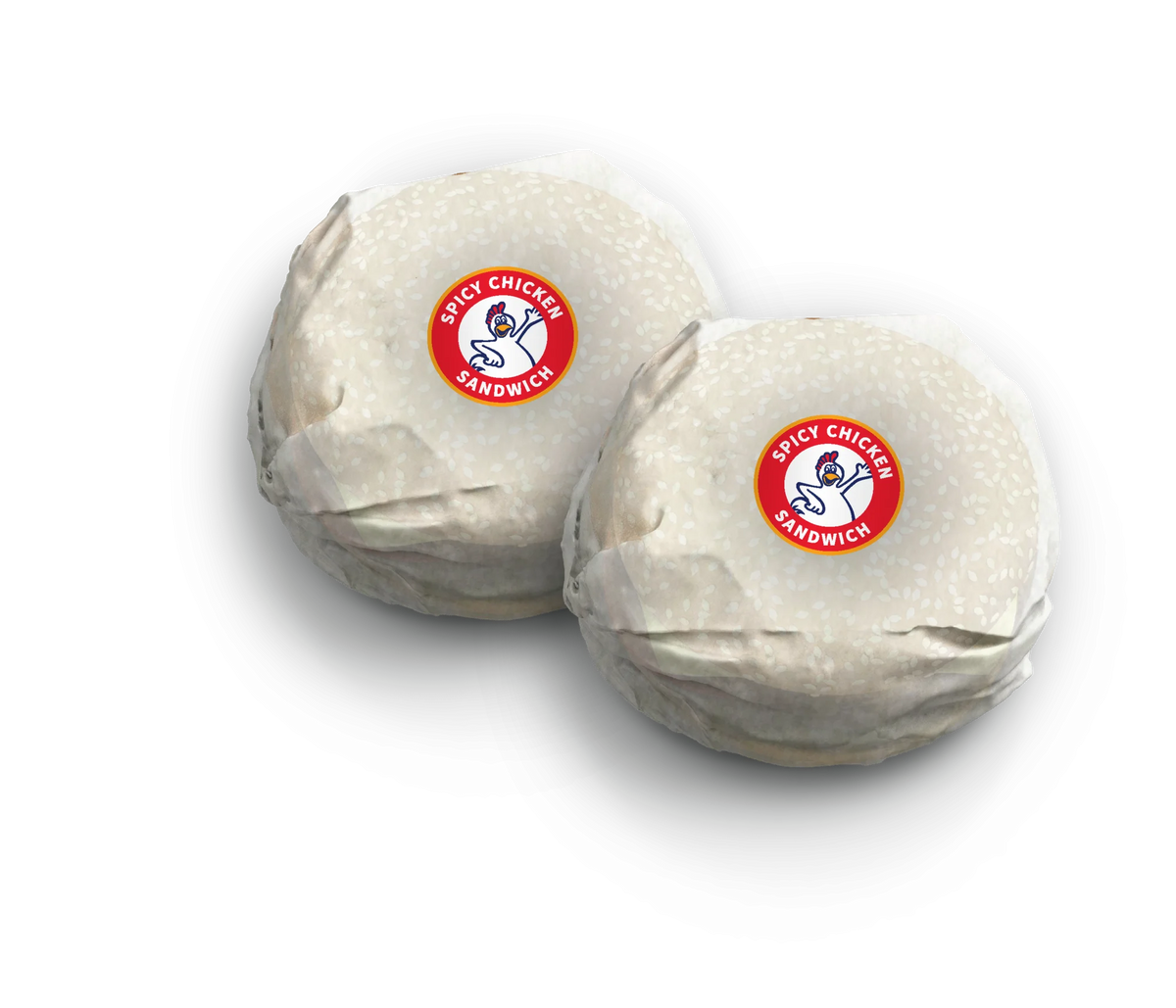Two wrapped sandwiches in white paper wrappers with circular red and yellow 'Spicy Chicken Sandwich' logos
