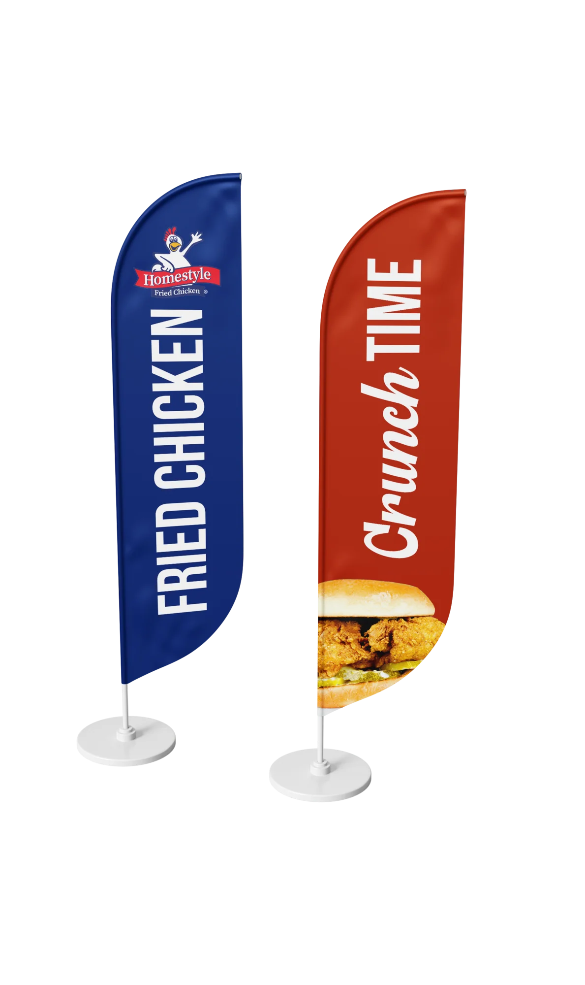 Two promotional feather flags on white stands, one blue with the text fried chicken and the Homestyle logo, and one red with the text crunch time
